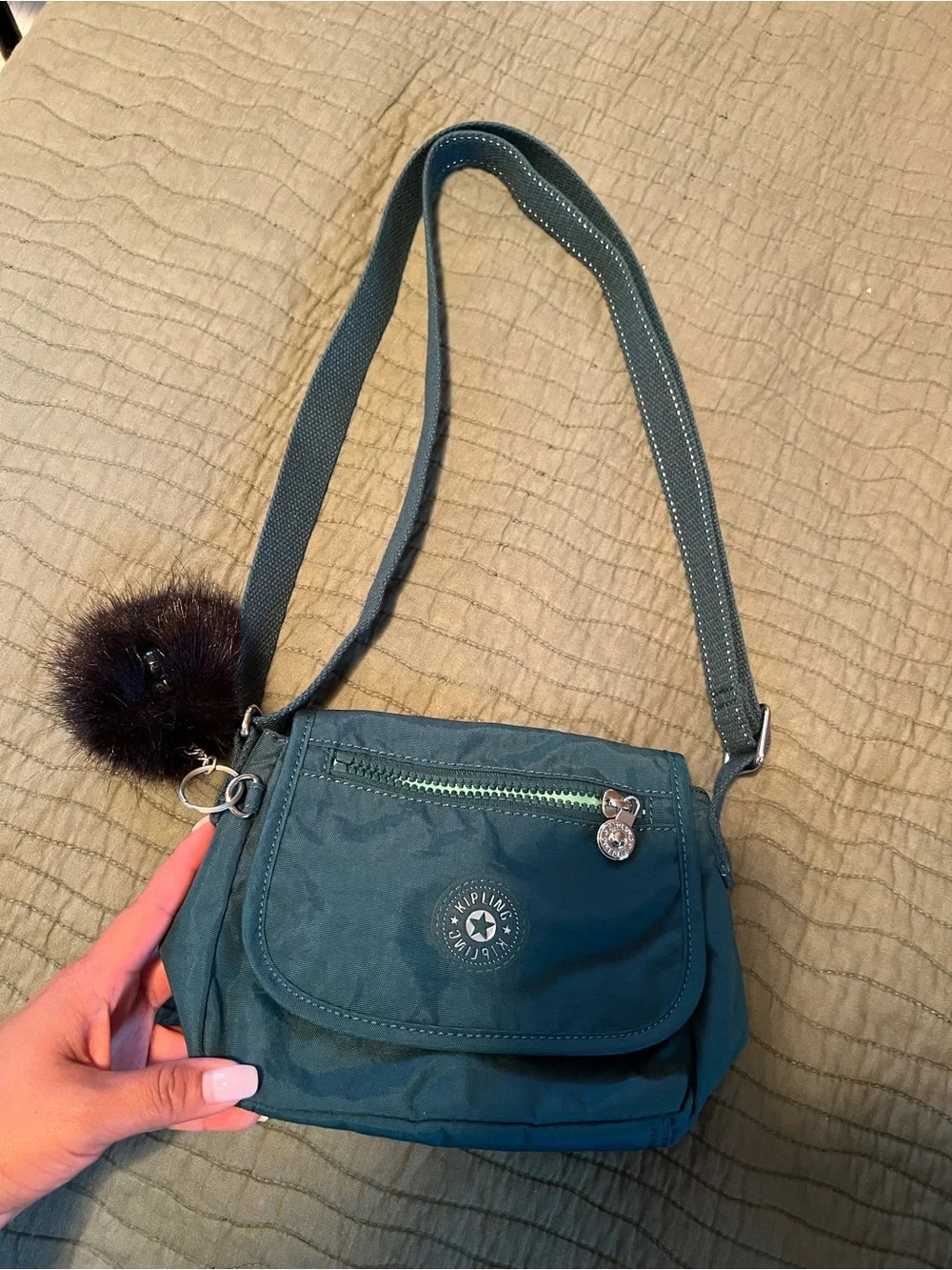 Kipling Teal Crossbody Bag with Pom Pom Charm